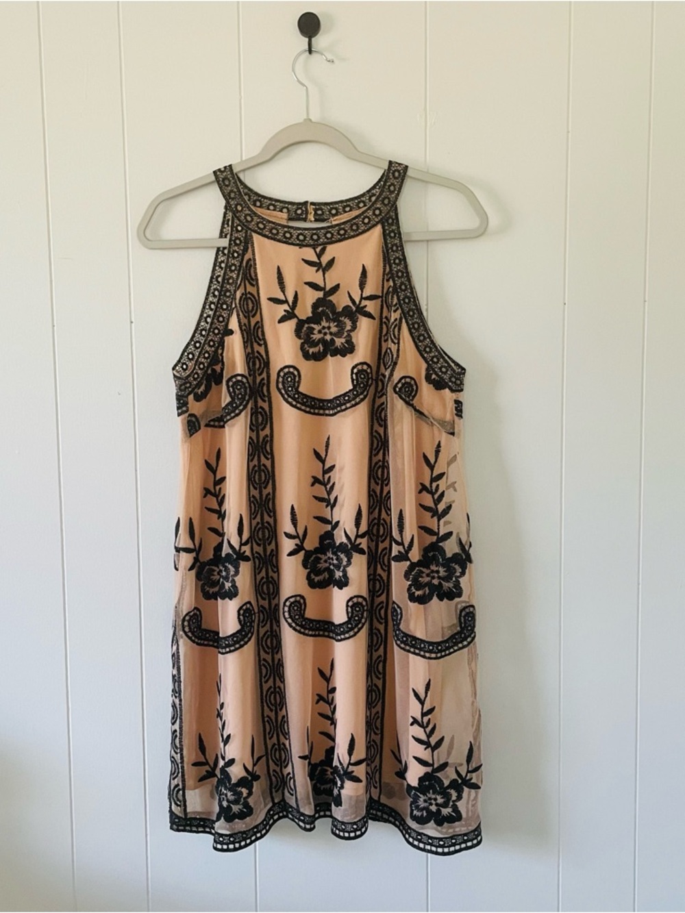 Altar'd State Peach Mini Dress with Black Floral Embroidery